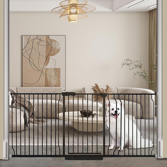 COSEND Extra Wide Baby Dog Gates for Doorways Tension Indoor Safety Gates Black Metal Large Pressure Mounted Pet Gate Walk Through Dog Gate for The House Stairs (Black, 76.38"-86.3"/194-219CM)