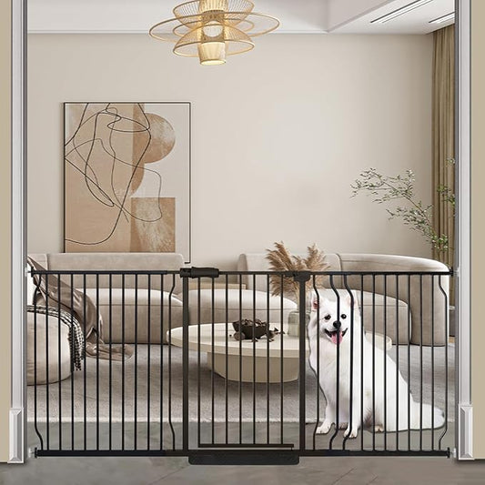 COSEND Extra Wide Baby Dog Gates for Doorways Tension Indoor Safety Gates Black Metal Large Pressure Mounted Pet Gate Walk Through Dog Gate for The House Stairs (Black, 76.38"-86.3"/194-219CM)
