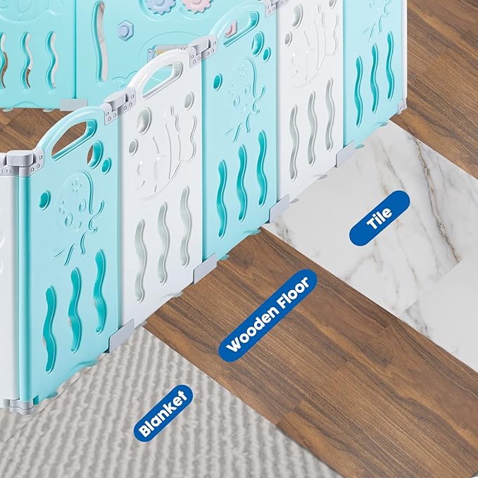 Albott Baby Playpen, 14 Panels Foldable Baby Fence with Game Panel and Safety Gate, Adjustable Shape, Portable Play Yards for Children Toddlers Indoors or Outdoors (Blue+White, 14 Panel)