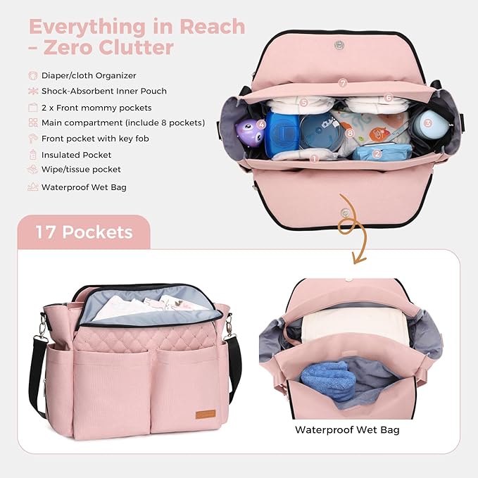 Lekebaby Diaper Bag Tote for Baby - 17 Pockets Large Travel Diaper Tote with Portable Changing Pad, Mom Crossbody Hospital Bag for Labor Delivery, Waterproof, Baby Essentials for Newborn Gifts, Pink