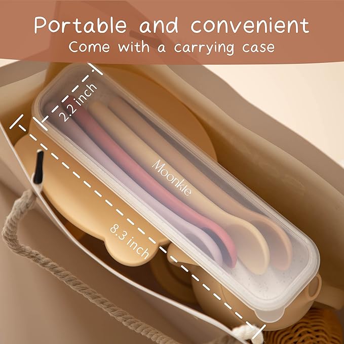 Moonkie Silicone Baby Spoons Set of 4, Toddler Spoons for Self Feeding 6 Months, Two Sizes Feeding Spoons for First Stage 4+ Months, Infant, Baby Utensils with Case, Bendable, Chewproof & Boil-proof