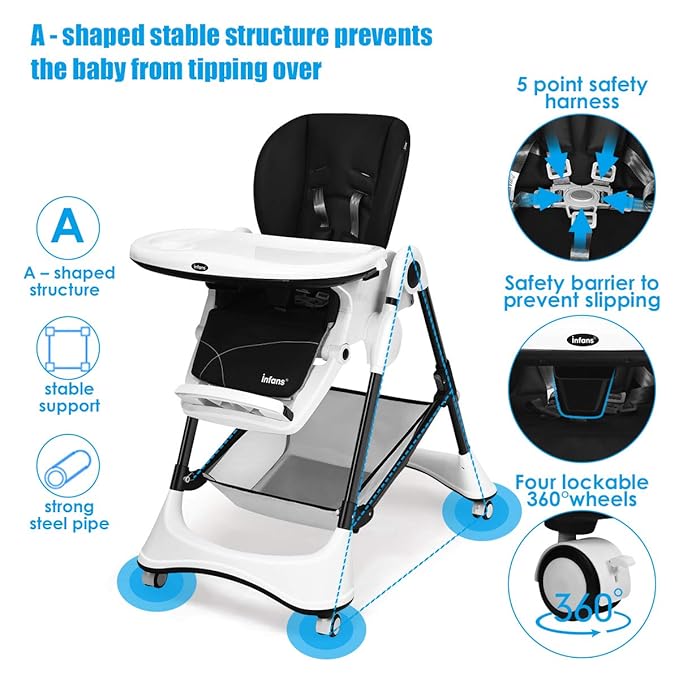 INFANS High Chair with One-Hand Removable Tray, 4 Lockable Wheels & Large Storage Basket - Multi-Adjustable Height, Recline & Footrest, Removable Cushion, Foldable for Baby, Infant& Toddler