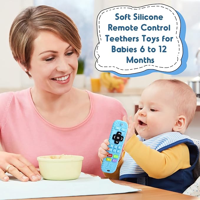 Teething Baby Toys 3-6 Months, Soft Silicone Remote Control Teethers Toys for Babies 6 to 12 Months, Teething Infant Chew Set for Newborn Boys Girls Baby Shower Gifts, Blue