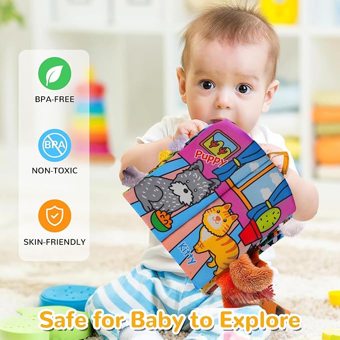 HECCEI Baby Cloth Books Soft Baby Book 0-6 Months Crinkle Books with Plush Tails Touch and Feel Sensory Toys for Infant Tummy Time for 3 Months+ Easter Basket Stuffers