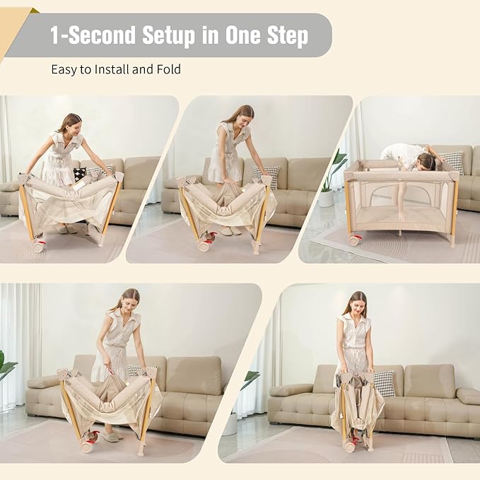 Baby Bassinet 5 in 1 Pack and Play,Baby Crib Adjustable Beside Sleeper One-Second &One-Hand Setup,Portable Playard Foldable Playpen for Newborn,Babies and Toddlers with Changing Table,Mattress (Beige)