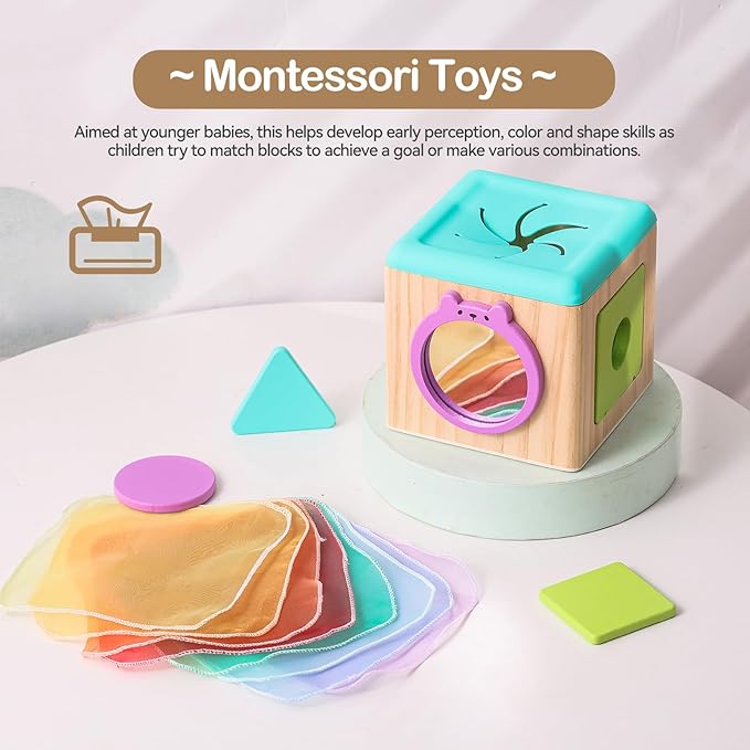 Youuys Wooden Baby Tissue Box Toy - Montessori Tissue Box Toy for Babies 12 Months with 3 Shape Blocks & 8 Silk Paper, Baby Boy Girl Gifts for Babies 12 18 Months Old Birthday Children Day