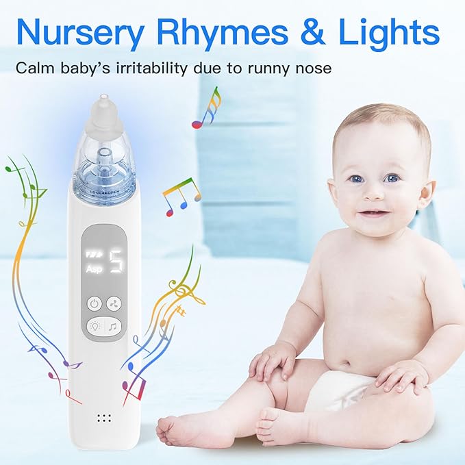 Nasal Aspirator for Baby, Electric Nose Sucker for Baby, Snot Sucker with 5 Levels Suction, Soothing Light & Nursery Rhymes (White)