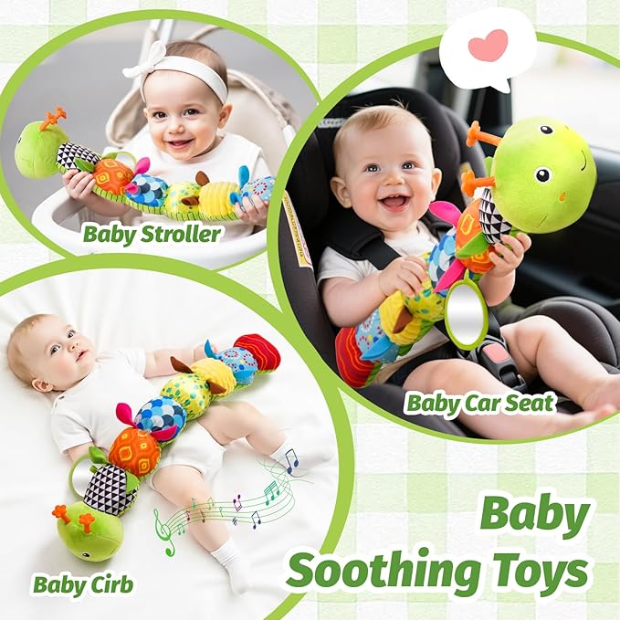 Baby Toys 0-6 Months, Musical Caterpillar Baby Rattle, Plush Sensory Toy with Mirror, Crinkle Textures, Newborn Developmental Tummy Time Stuffed Animal for Infants Boys Girls 6-12 Month (Green)