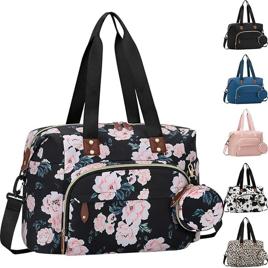 Diaper Bag Tote with Pacifier Case, Baby Bag for Women with Shoulder Straps, Travel Diaper Tote for for Mom and Dad Medium Size, Black Pink Floral