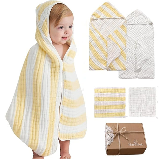 HardNok 4-Pack Muslin Hooded Baby Bath Towel Set - 100% Organic Cotton, (2) 6-Layer 32x32 Towels & (2) Washcloths, Newborn & Infant Gift Set (Yellow Striped & White)