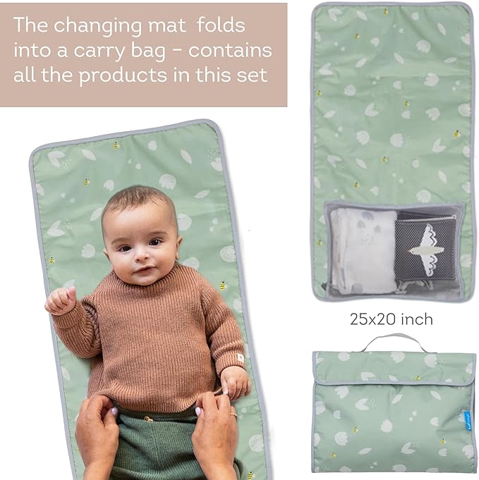 Outdoor Developmental kit, 7 Products Bamboo Swaddle, Baby Soft Book, Pacifier case, Changing mat, Carry Bag, rattling Toy Best for Newborns & up Development Montessori Infant Toys 0-6 Months Babies
