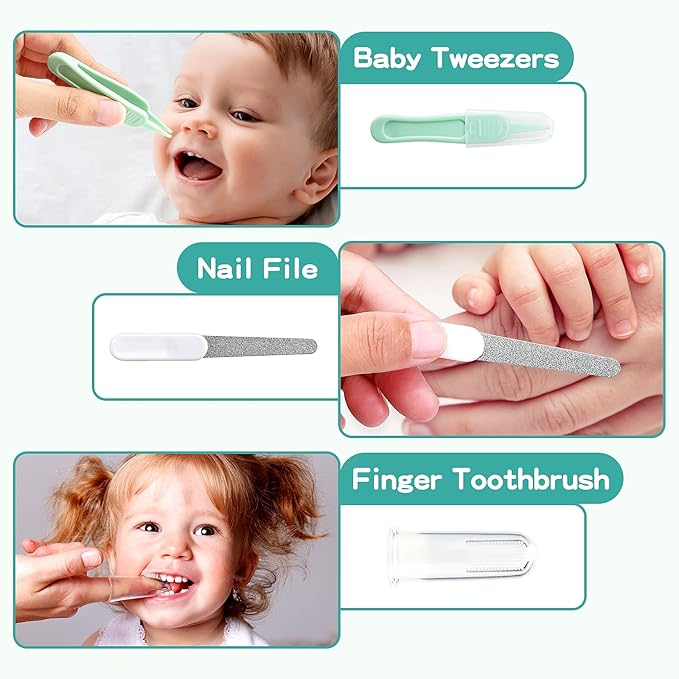 Baby Grooming Kit, Infant Safety Care Set with Hair Brush Comb Nail Clipper Nasal Aspirator,Baby Essentials Kit for Newborn Girls Boys (13 Pc Green Kit)