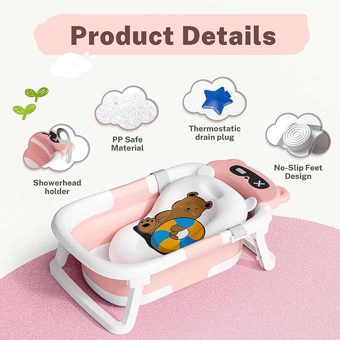 AVIDOR Baby Bathtub,Collapsible Bathtub for Newborn to Toddler,Durable Essential Infant Bath Tub,Portable Travel Baby Tub with Soft Cushion,No-Slip Hanging and Detachable(Pink)