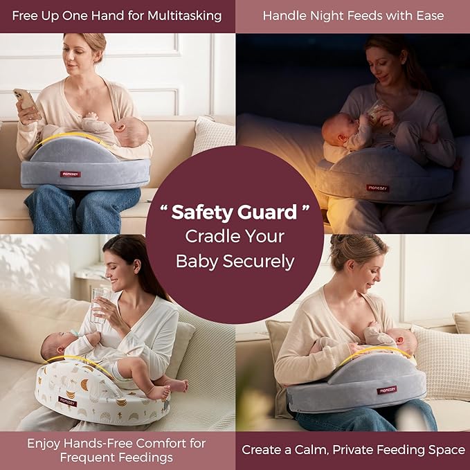 Momcozy Innovative Safety Guard Nursing Pillow - Firm & Springy Memory Foam - Stable, Ergonomic Support & Comfort - Wider Breastfeeding Cushion, Adjustable, Removable Cover, Baby Safety Certified