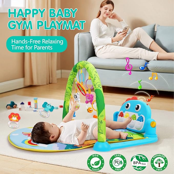 UMIKU Baby Gym Play Mats Baby Tummy Time Mat Musical Activity Center for Newborn Infant Piano Babies Play Mat Music & Light Newborn Infant Gifts for Babies 0-3 6 9 12 Months Dinosaur Style