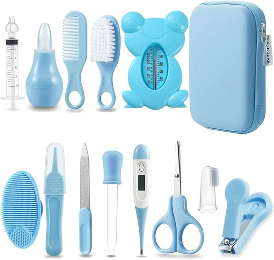 PandaEar Baby Healthcare and Grooming Kit, Baby Safety Set Baby Comb, Brush, Finger Toothbrush, Nail Clippers, Scissors, Nasal Aspirator, Baby Essentials Nursery Care Kit (13-in-1 Blue)