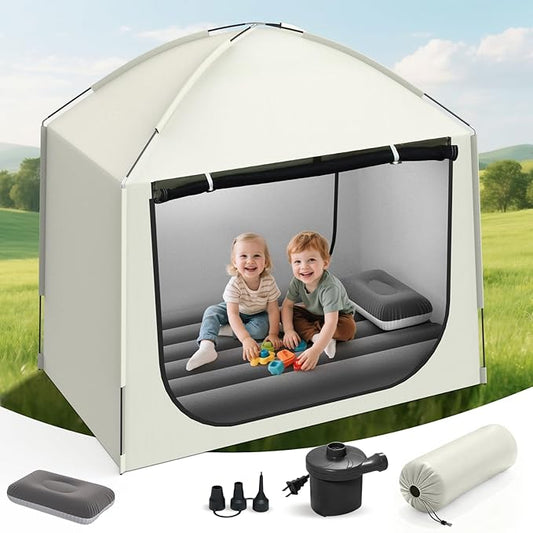Inflatable Toddler Travel Bed with Tent – Portable Toddler Bed with with High-Speed Pump-Toddler Blow Up Mattress Indoor & Outdoor Kids Air Mattress Tent for Camping, Travel, Home(52.4 '',Lead Grey)
