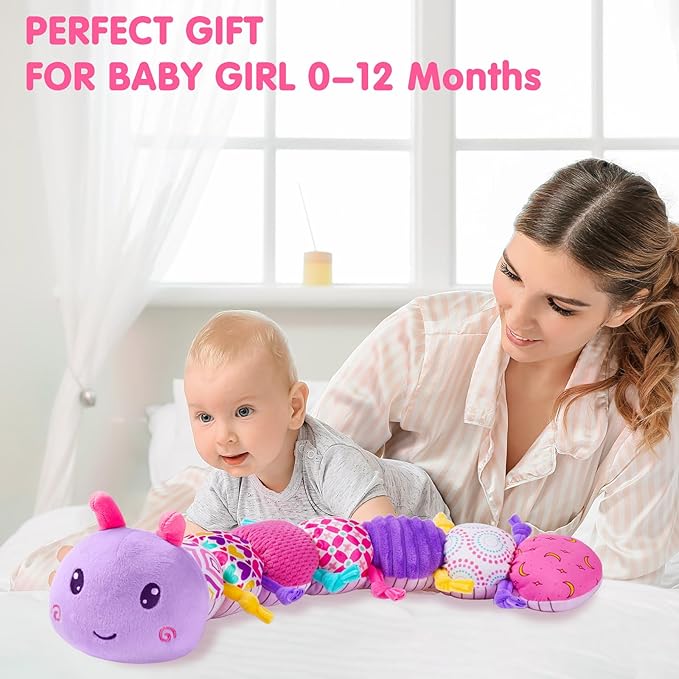 Baby Infant Musical Stuffed Animal Soft Toy with Multi-Sensory Crinkle, Rattle & Textures,Baby Girl Toy Birthday Gift for 0 3 6 9 12 Months+,Caterpillar,Purple