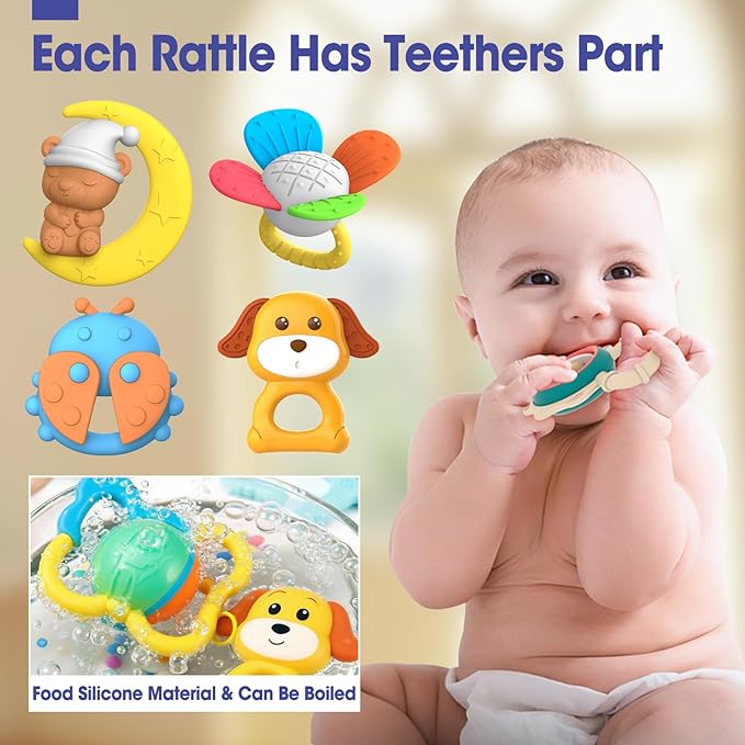 AZEN 16 Pack Baby Rattles Teething Toys 3-6 Months, Baby Toys 0-6 Months, Newborn Infant Toys 6-12 Months, Essentials Must Haves Wrist Socks Toddler Stocking Stuffers Christmas Gifts