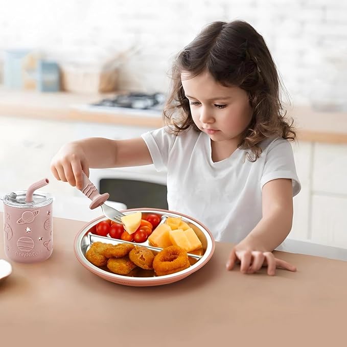 PandaEar 6-in-1 Stainless Steel Baby Feeding Set | Divided Suction Plate, Bowl, Sippy Cup with Straw, Bib, Spoon & Fork | BPA-Free Toddler Feeding Essentials for Self-Feeding (Pink)