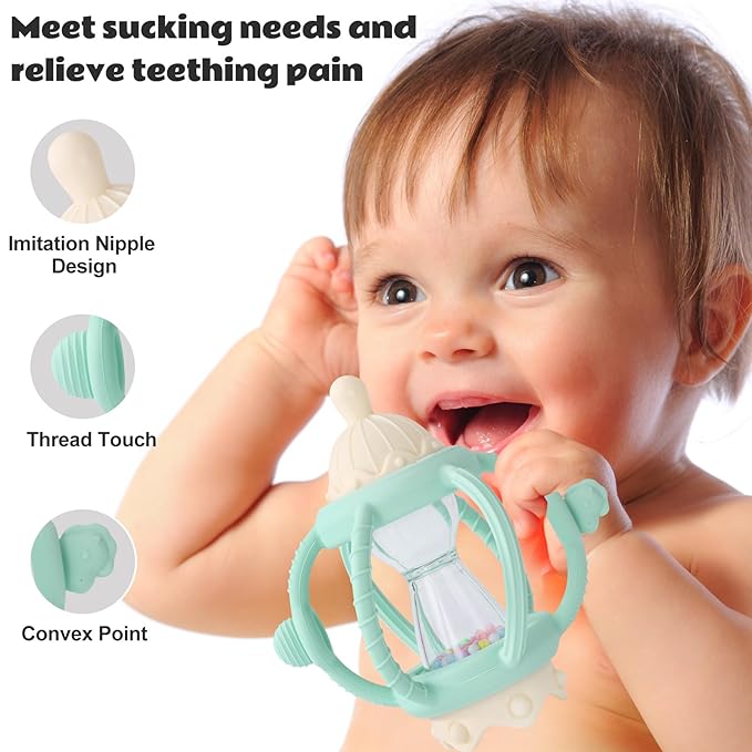 Socub Baby Rattle Teether Toys for 0-12 Months, 2-in-1 Sensory Hand Grasp Shaker with Soft Silicone Teething Ball & Pacifier, BPA Free Chew Toy for 6-12 Months, Newborn Gift for Boys and Girls (Green)