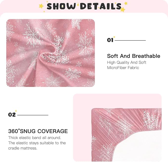 Pfrewn Christmas Crib Sheets for Boys Girls Pink Retro Snowflakes Fitted Crib Sheet for Mini Crib Mattress Stretch Soft Winter Pattern Toddler Baby Playard Sheet,39x27IN