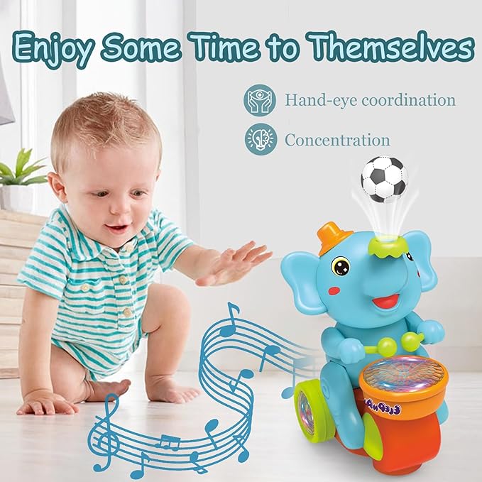 Baby Elephant Musical Crawling Toy with Lights, Sounds, Blowing Ball, Infant Sensory Toys, Birthday Gifts for Kids Boy Girl 3 4 5 6 7 8 Years (Blue)