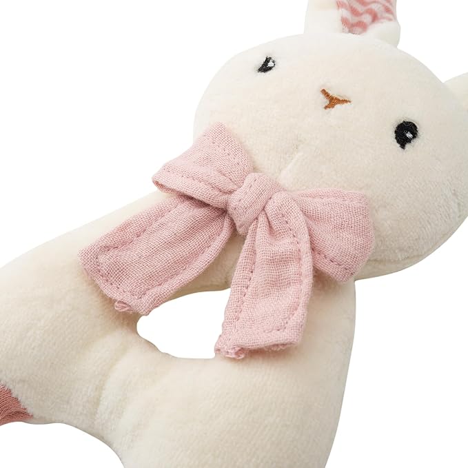 CUDDLE CORNER Organic Cotton Stuffed Animal Rattle Baby Toys, Plush Bunny Cuddle Cloth and Hand Grip Ring Rattles Plush Toy Set for Newborns Infant Boys Girls, 2 PCS