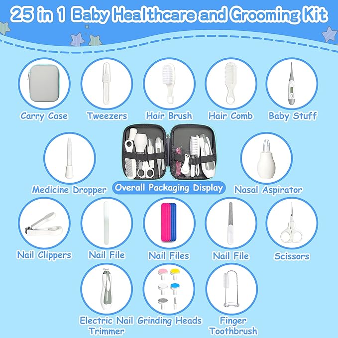 Baby Grooming Kit for Boys Girls Safety Newborn Nursery Essentials Grooming Set Gift for First-time Parents, Grey White 25 in 1