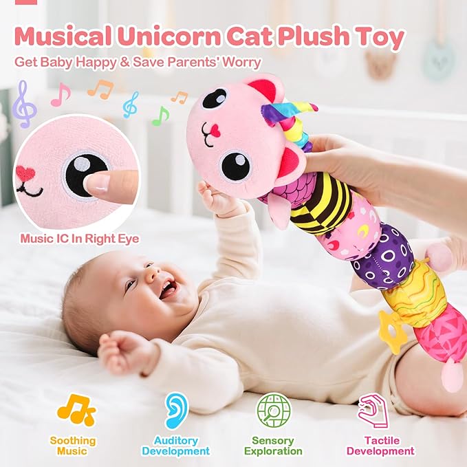 Baby Toys 0-6 6-12 Months, Sensory Musical Animal Stuffed Plush Unicorn Cat Toy for Infant 0-3-6 Months & Up, Tummy Time with Mirror Crinkle Rattle, Christmas Baby Shower Gifts for Newborn Boys Girls