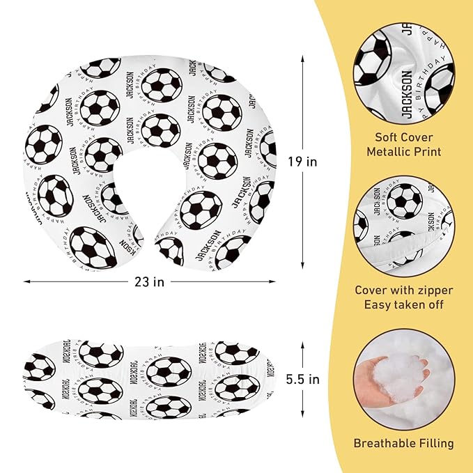 Rucekia Baby Nursing Pillow Cover - Personalized Name White Soccer Theme Breastfeeding U-Shaped for Bottle Feeding, Ultra Soft Comfortable Breastfeeding Pillow Cover for Infant Baby Boys and Girls