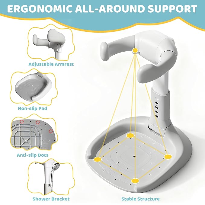 Foldable Baby Shower Standing Support for Toddlers & Infants 8-36 Months, No Setup Anti-Slip Bath Stand Holder, Adjustable Height, Portable Travel & Storage, Easy Clean - 4our Kiddies(Grey)