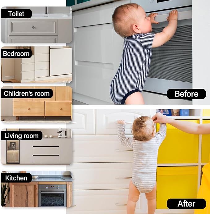 24 Pack Magnetic Cabinet Locks Baby Proofing - Child Safety Cabinet Latch Locks with Adhesive, No Drill or Tools Installation, for Cabinets Drawers Doors