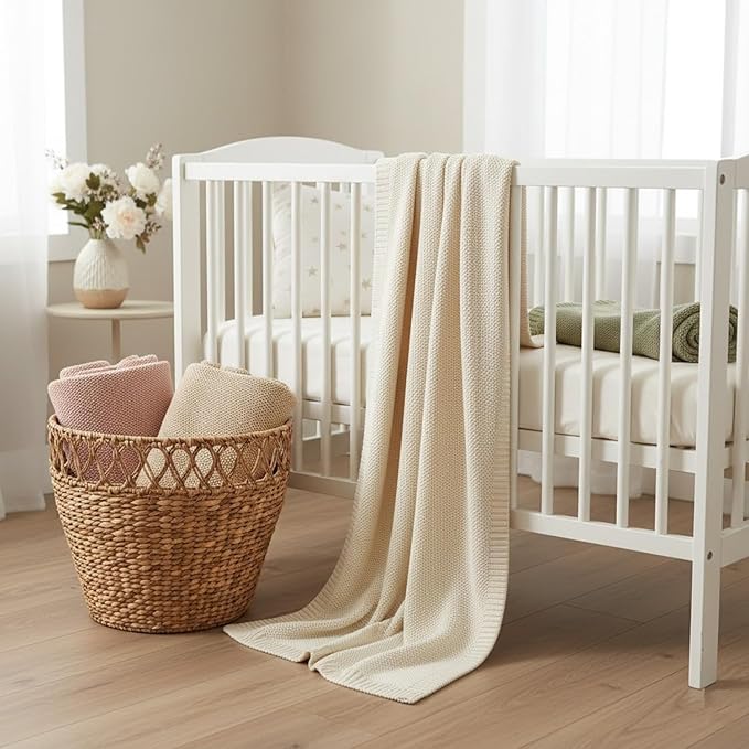 Grewear Baby Knit Blanket Soft Cotton Lightweight Newborn Blanket for Crib Stroller Toddler Nursery Shower Gift Cozy Breathable Travel Swaddle Wrap Baby Blue 30 x 30 Inches