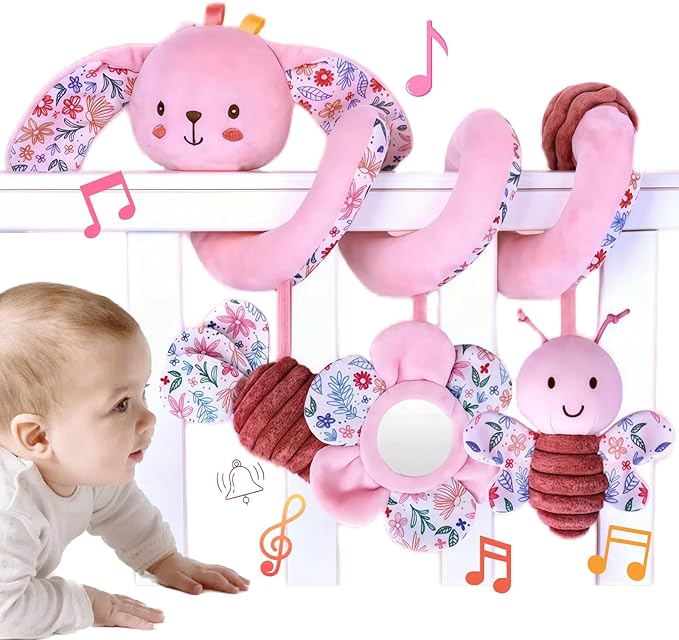 Spiral Car Seat Toy for Babies 0-6-12 Months Girl, Stroller Hanging Baby Toys 0-3-4-5-7 Month Old Newborn Infant Valentines Day Gift Travel Carseat Mirror Crinkle Bunny Easter Basket Stuffers