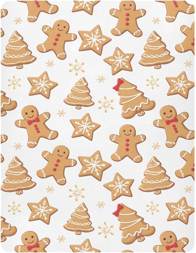 Pfrewn Christmas Crib Sheets for Boys Girls Cartoon Gingerbread Men Snowflakes Fitted Crib Sheet for Mini Crib Mattress Stretch Soft Winter Pattern Toddler Baby Playard Sheet,39x27IN