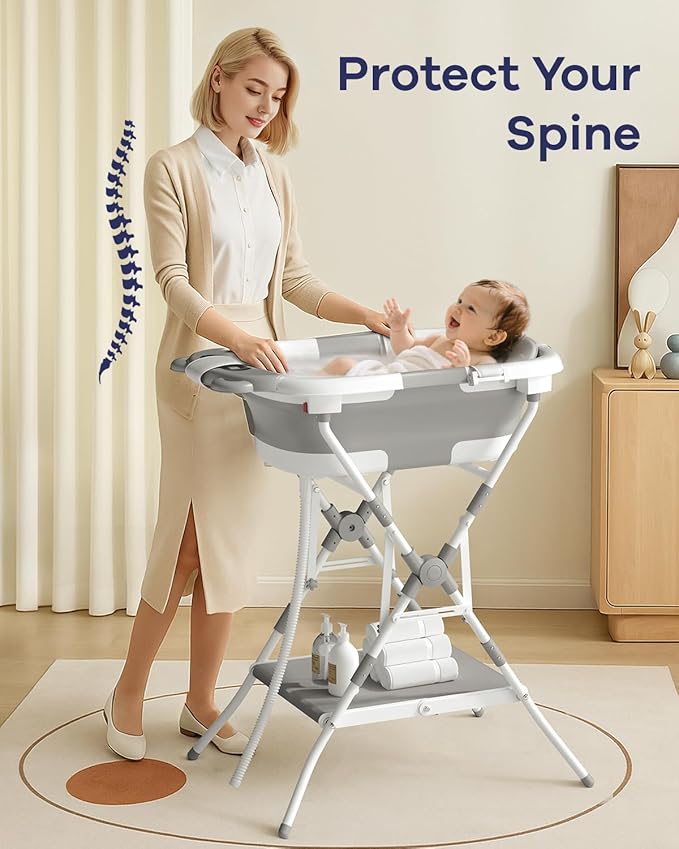 AVIDOR 2-in-1 Baby Bathtub with Stand for Newborn and Infants, Foldable Baby Bath Tub, Baby Shower Gifts for New Parents, Gray