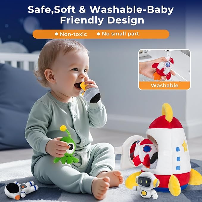 IPOZITO Baby Toys 6-12 Months,Soft Rocket with 5 Sensory Plush Toy, Rattle, Crinkle Paper, Squeaker, Mirror, Busy Montessori Toys for 6 Month Old Christmas Baby Stocking Stuffers