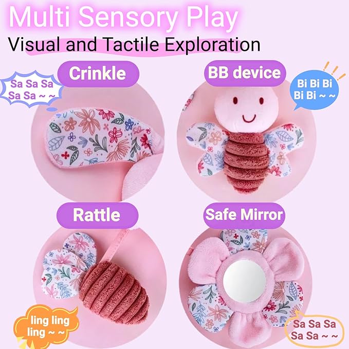 Spiral Car Seat Toy for Babies 0-6-12 Months Girl, Stroller Hanging Baby Toys 0-3-4-5-7 Month Old Newborn Infant Valentines Day Gift Travel Carseat Mirror Crinkle Bunny Easter Basket Stuffers