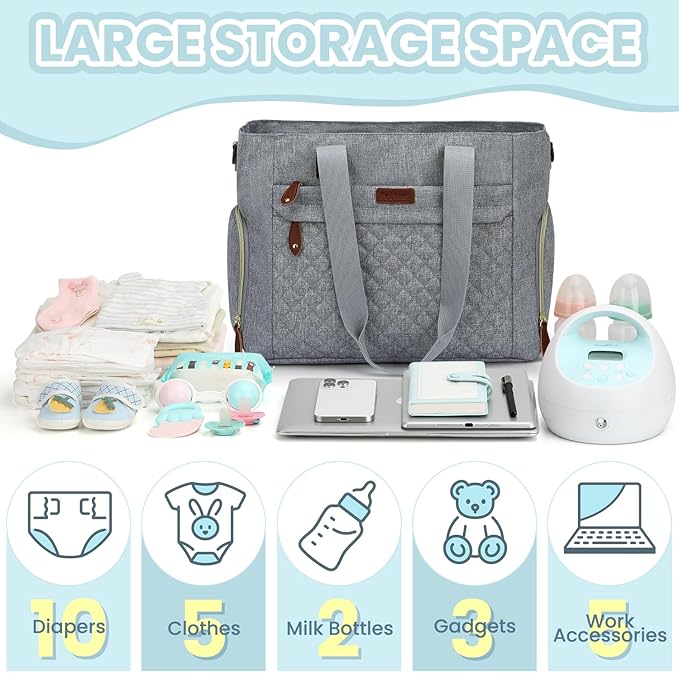 Diaper Bag Tote for Working Mom, Large Travel Diaper Tote for Mom and Dad with 14 Inch Laptop Sleeve, Mommy Maternity Travel Baby Bag for Boys and Girls, Grey