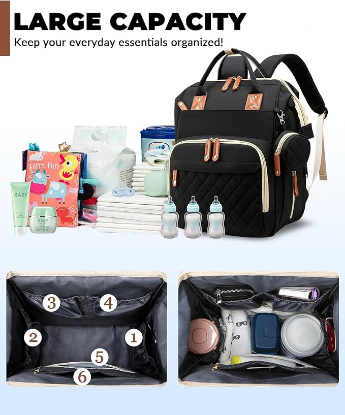 Diaper Bag with Changing Station, Waterproof 3 in 1 Baby Diaper Backpack with Foldable Changing Pad, Large Travel Back Pack for Baby Girl Boy, Baby essentials, Black