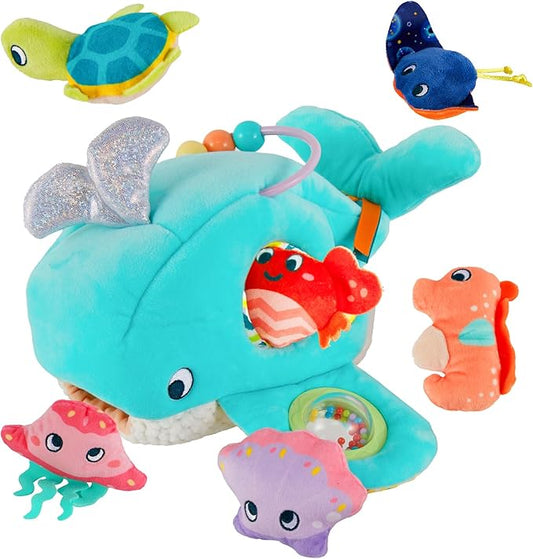 Juivin Soft Rattle Montessori Baby Toys 6-12 Months, Soft Barn Ocean Playhouse with 6 Stuffed Animals, Sensory Development Activity, Toddler Learning Toys (Ocean Whale)
