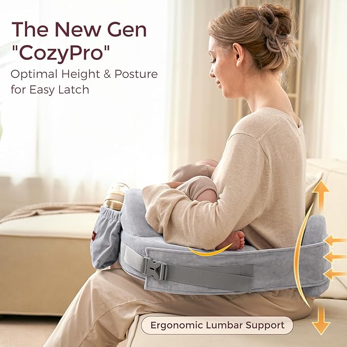 Momcozy CozyPro Nursing Pillow - All Around Lumbar & Arm Support - Safety Guard, Firm & Springy Memory Foam-Stable, Ergonomic Support, Easier Breastfeeding, Wider Cushion, Adjustable, Removable Cover