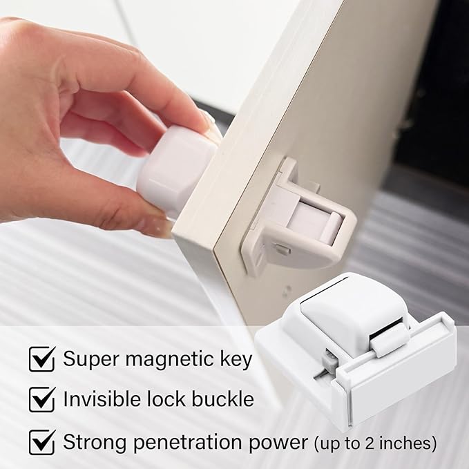 6 Pack Magnetic Cabinet Locks Baby Proofing - Child Safety Cabinet Latch Locks with Adhesive, No Drill or Tools Installation, for Cabinets Drawers Doors