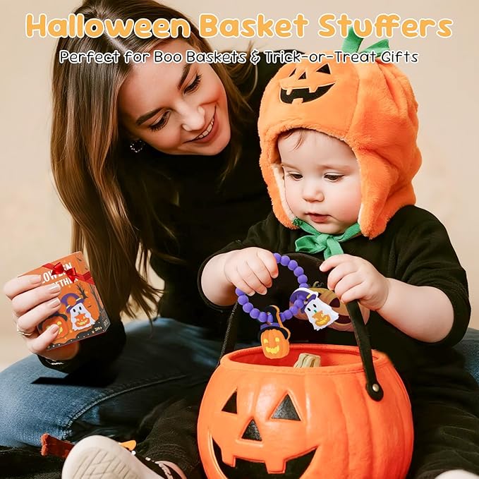 Halloween Baby Teething Toys, Pumpkin & Ghost Silicone Teether for 3-12 Months, Textured Sensory Chewing Ring for Infants & Toddlers, Boo Basket Stuffer, Gift for Baby’s First Halloween