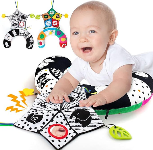 teytoy Tummy Time Pillow with Crinkle Mat & Teethers, Black and White High Contrast Baby Toys with Mirror, Montessori Sensory Crawling Toy for Infant Newborn Toddler Tummy Time Toys 0-6 Months Babies