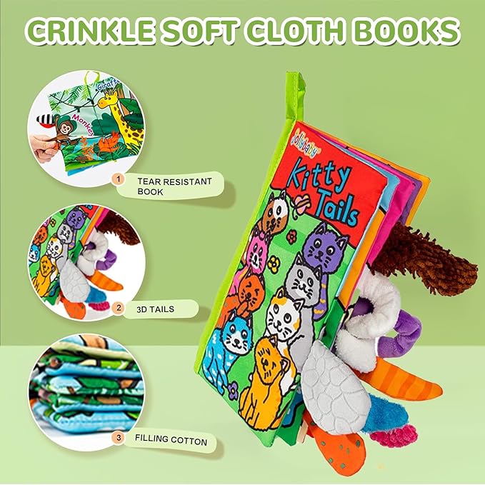 HECCEI Baby Cloth Books Soft Baby Book 0-6 Months Crinkle Books with Kitten Tails Touch and Feel Sensory Toys for Infant Tummy Time for 3 Months+ Easter Basket Stuffers