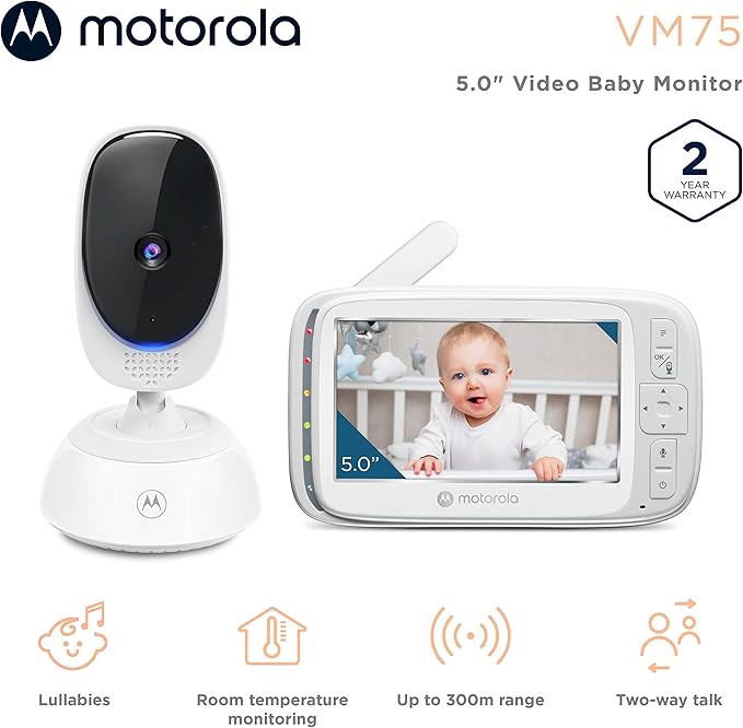 Motorola Nursery No WiFi Video Baby Monitor with Camera and Audio, 5” Screen, Remote Pan-Tilt-Zoom, Night Vision, 2-Way Talk, Long Battery Life, 1000ft Range, Temperature Sensor, Lullabies - VM75