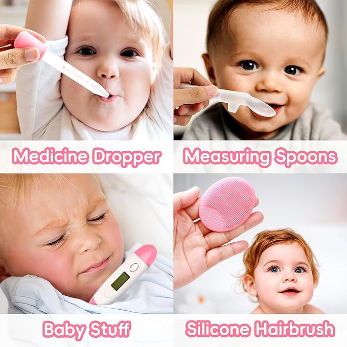 Baby Grooming Kit, Infant Safety Care Set with Hair Brush Comb Nail Clipper Nasal Aspirator,Baby Essentials Kit for Newborn Girls Boys (Pink Baby Grooming kit)