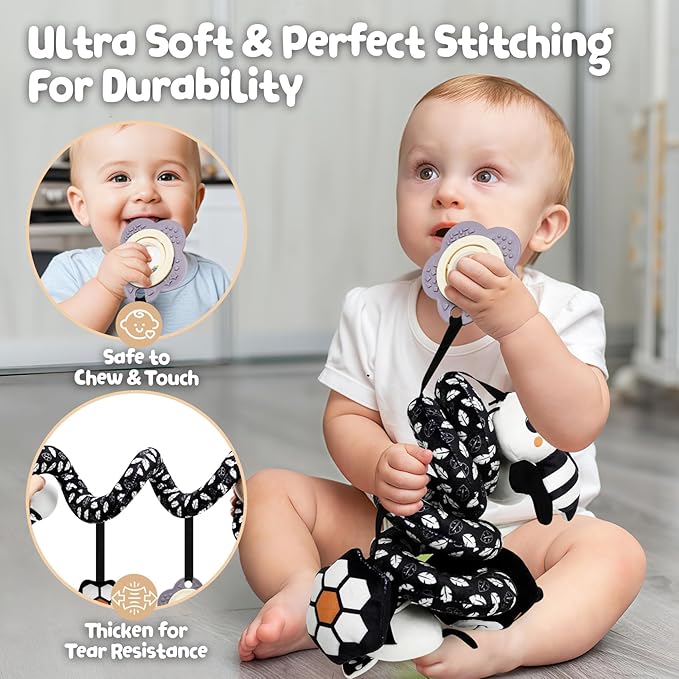 TSYAN Car Seat Toys for Babies 0-6 Months,Hanging Rattle Toys for Crib Mobile, Baby Spiral Hanging Stroller Black and White High Contrast Toys for Newborn 0 3 6 9 12 Months Baby Boys Girls (Bear)